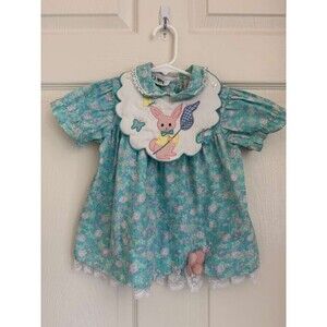 Vintage Alyssa Baby Girls Floral Dress 24M Aqua Blue Bunny Embroidered Lace